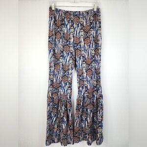 Yemaga Women's Blue & Rust Bohemian Yoga Strechy Patterned Flared Pants, sz 1XL